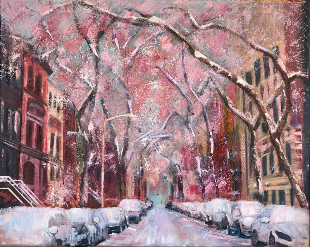 painting of Brooklyn street in winter in red and pink tones with snow on cars