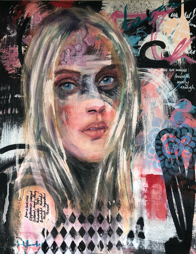 painting of blonde woman with abstract background with transparency through head