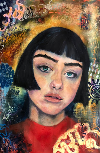 bold, bright, expressive painting of young woman with blunt black bob, red top and graffiti abstract background