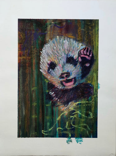 painting of baby panda waving with abstract green gold bamboo background