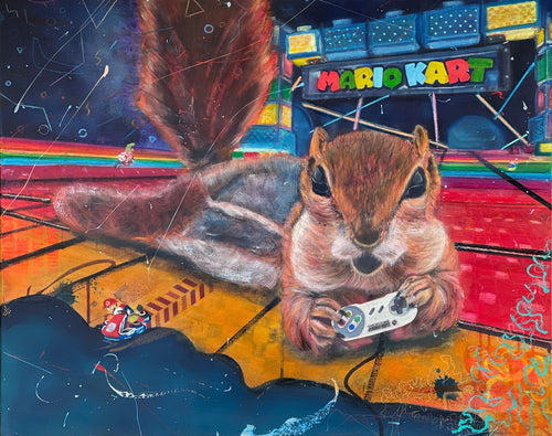 painting of squirrel laying on tummy playing old Nintendo situated within MarioKart background