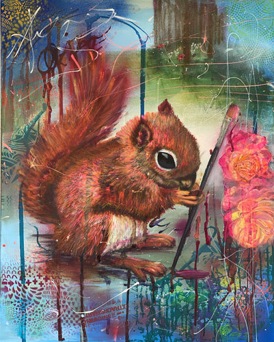 baby squirrel holding paintbrush in expressive abstract forest