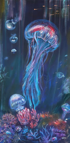 vertical painting, fluorescent jellyfish, coral, baby jellies blues and purples