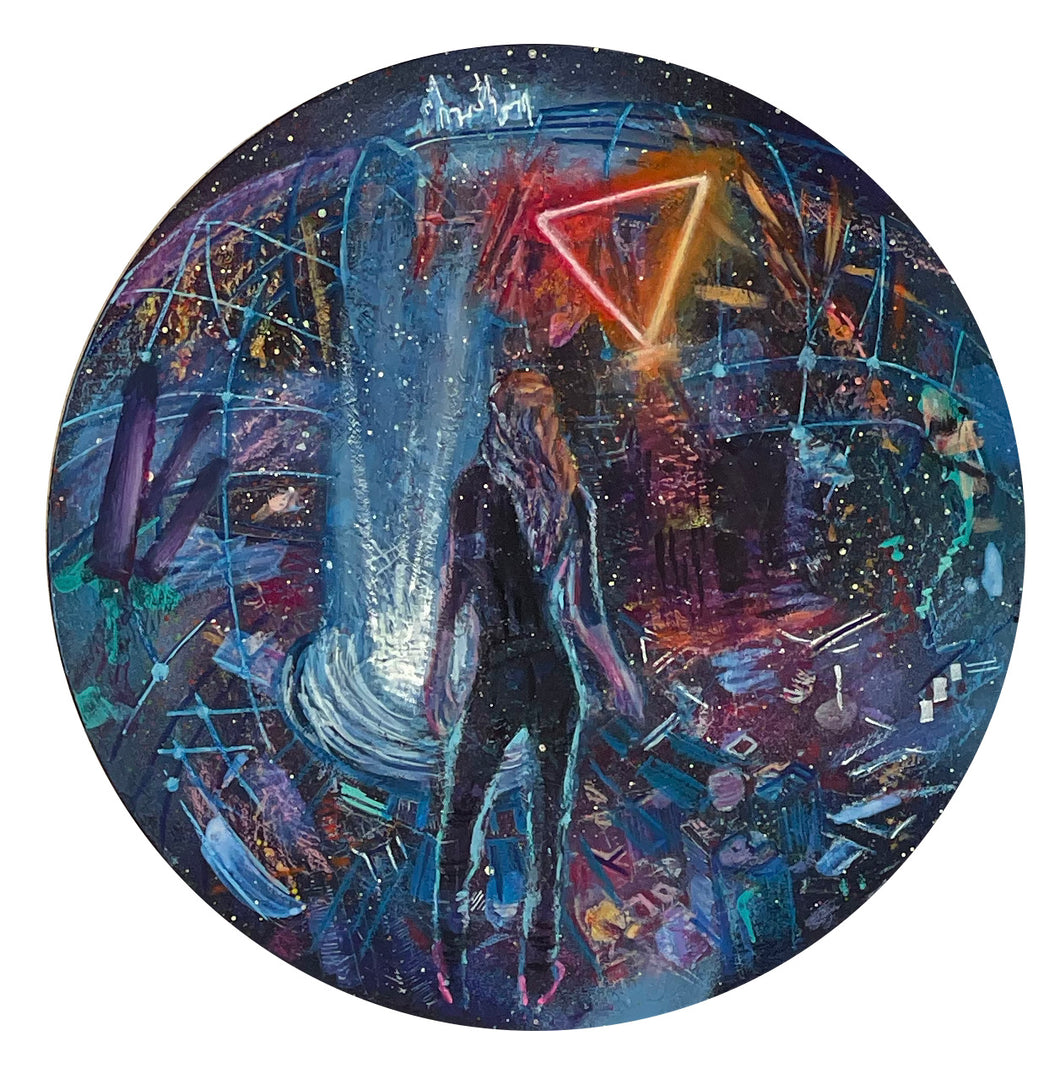 round painting futuristic cityscape aerial view portal neon sign with woman standing in front overlooking it all