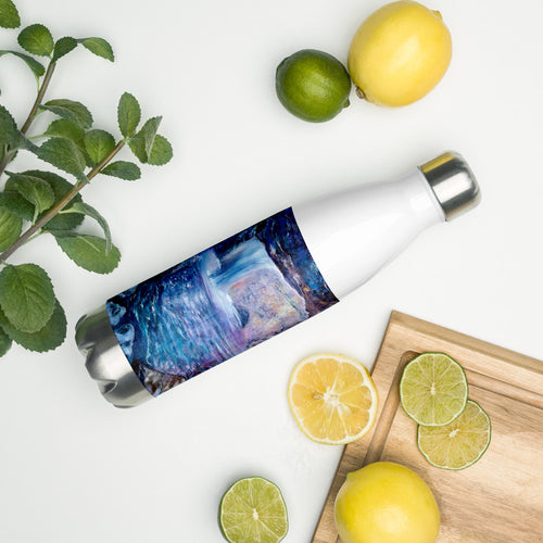 stainless steel water bottle with waterfall painting in magical blue tones